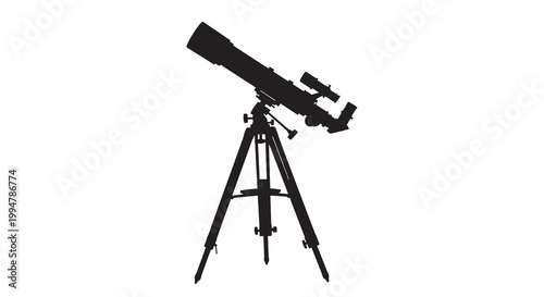 A silhouette of a telescope on a tripod against a white background