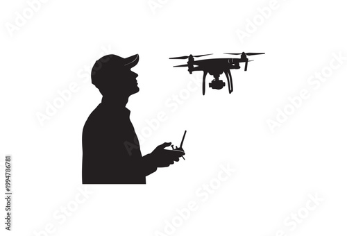 Drone, remote control, pilot silhouette, black icon, technology