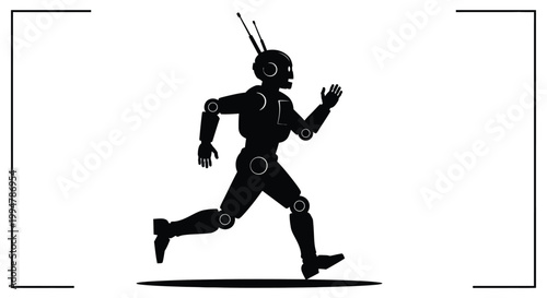 A running robot figure with circular joints presented as a stark silhouette