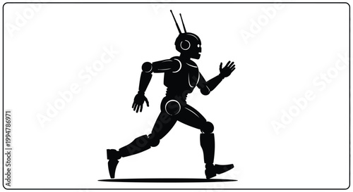 Running robot figure in a dynamic pose contrasting against a white background silhouette