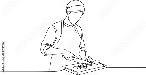 Chef Chopping Vegetables on Cutting Board - Minimalist Line Art