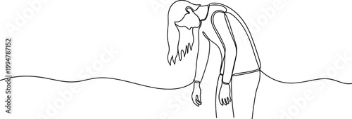 Exhausted Woman One Line Drawing, Depressed Female Slumped Over