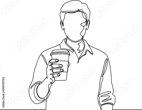 Man holding coffee cup, minimalist line art illustration