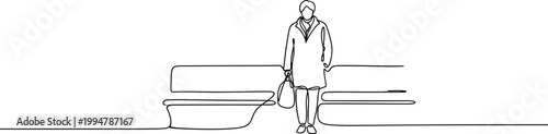 Minimalist Line Art: Person Standing by Bench, Simple Illustration