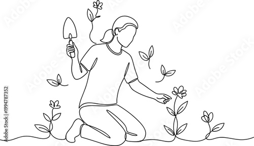 Gardening woman planting flowers, continuous line art, organic growth, nature, hobby, spring season