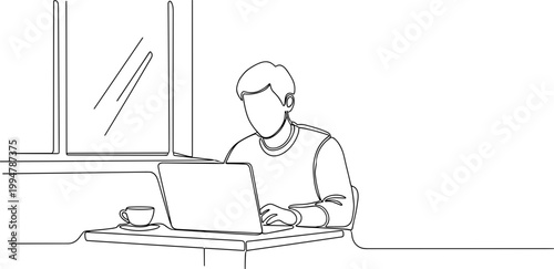 Minimalist line art of a person working on a laptop with a coffee cup by the window