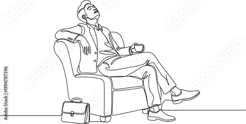 Businessman relaxing in armchair, one line drawing, exhausted after work, briefcase nearby