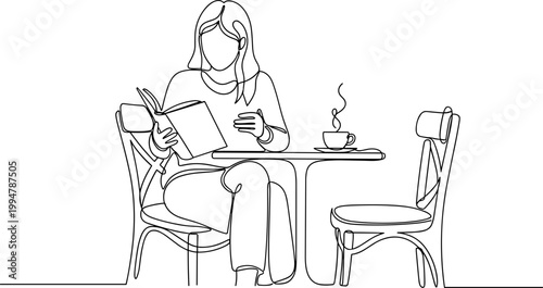 Woman reading book and drinking coffee at cafe table, continuous line drawing