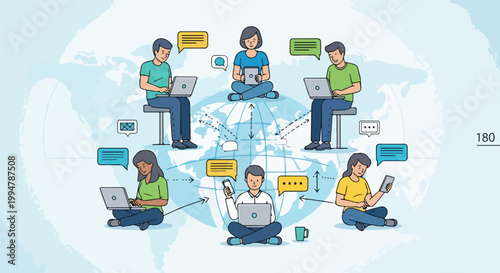 Global Digital Communication Network: People Connecting and Collaborating Online Across the World with Laptops, Tablets, and Smartphones.