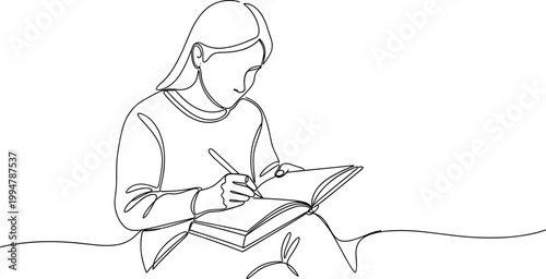 Continuous line drawing of a young woman writing in a notebook, studying or journaling