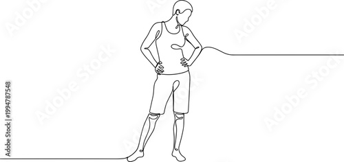 Minimalist line art of a woman in tank top and shorts, standing with hands on hips.