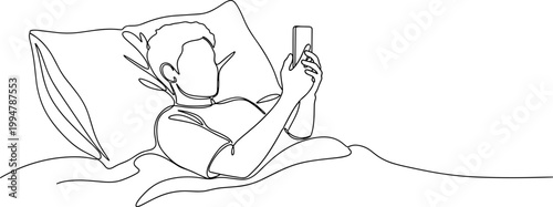 Man Lying in Bed Scrolling Smartphone, Minimalist Line Art Illustration