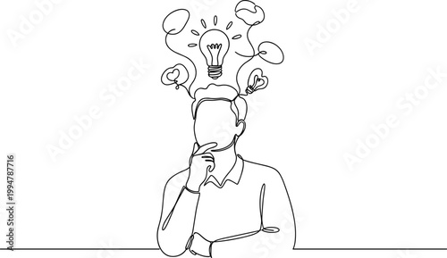 Man Thinking with Light Bulb Idea and Brainstorming Icons, Continuous Line Drawing