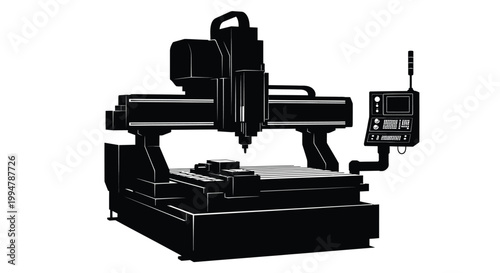 Industrial cnc milling machine depicted in a stark black silhouette