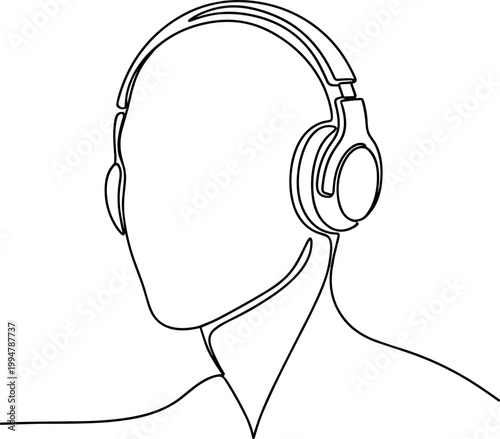 Minimalist Headphone Silhouette, One Line Drawing of Person Listening to Music
