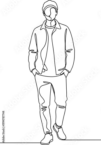Continuous Line Drawing of a Stylish Man Walking, Fashionable Outfit, Minimalist Art