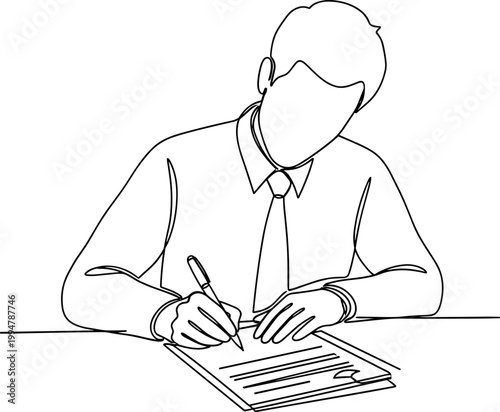 Schilderij op canvas Man in shirt and tie writing on paper, line art illustration, minimalist style