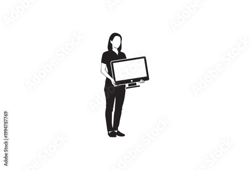 Black, woman holding, blank TV, screen, illustration, vector graphics