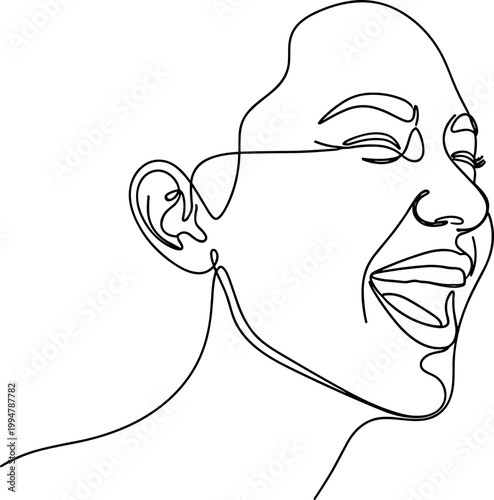 Continuous line drawing of a joyful woman laughing with eyes closed, simple minimalist art.