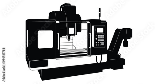Detailed black silhouette of a modern industrial milling machine in operation