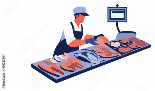 Seafood market vector set fishmonger fish and salmon elements isolated collection