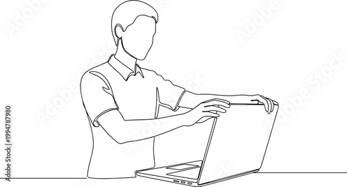 Man closing laptop, line art illustration, minimalist, technology, office work concept