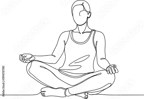 Minimalist line art of a person meditating in a lotus pose, serene and calm.