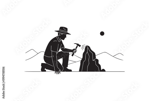 Mining, geology, black line icon, man with pickaxe, rock, mountains