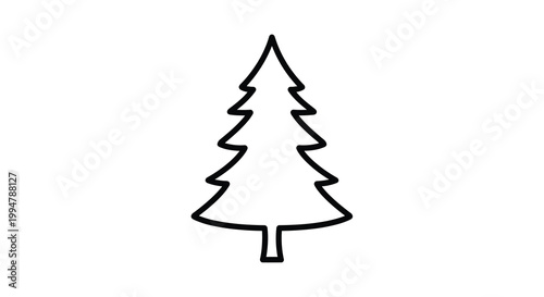 A simple black and white line drawing depicts a classic evergreen tree shape with a pointed top