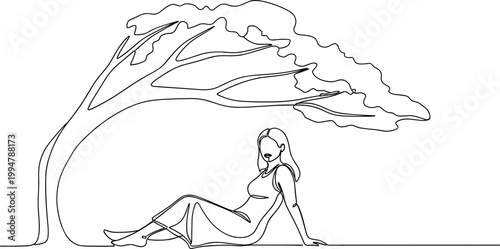 Minimalist line art of a woman resting under a tree, serene outdoor scene.