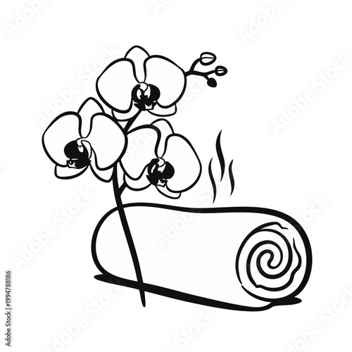 Hot rolled towel with orchid branch line icon. Spa and wellness vector illustration isolated on transparent background