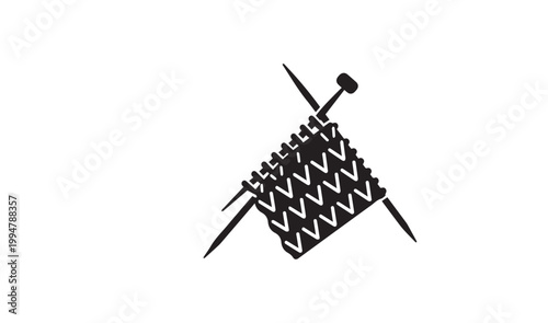 Knitting, knitting needles, ball of yarn, black and white, vector icon, textile, craft, sewing