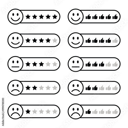 Face emoji feedback with stars and like vector Icon design. Emoji ratings of customer feedback, including stars, likes, and facial expressions. Customer satisfaction face emoji. Vector illustration.