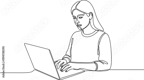 Young woman typing on laptop, line art illustration, minimalist style