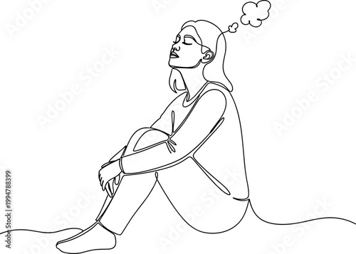 Woman sitting and dreaming, one line art illustration, thought bubble concept