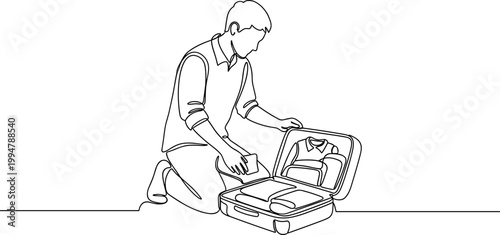 Man packing suitcase for trip, single line drawing, travel preparation, vacation planning