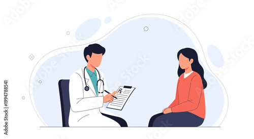 Doctor consulting patient, writing prescription on clipboard, medical consultation concept