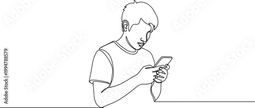 One Line Drawing of a Young Man Holding a Smartphone