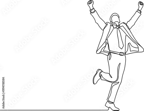 Joyful businessman celebrating success with arms raised, single line drawing