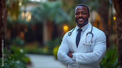 Smiling, confident Black male doctor in white lab coat with stethoscope around his neck, arms crossed, standing outdoors with blurred background of greenery and lights