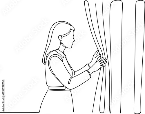 Woman opening curtains, discovering new possibilities and opportunities, minimalist line art