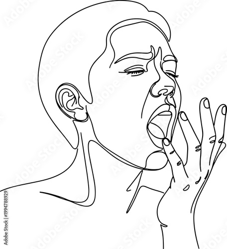 Woman Yawning, Exhaustion, Fatigue, Tiredness, Single Line Art, Minimalist Illustration