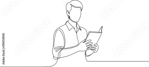 Continuous line drawing of a person reading a book, minimalist art, education, knowledge, focus