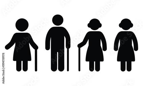 Group of four icons depicting people with mobility aids and one without