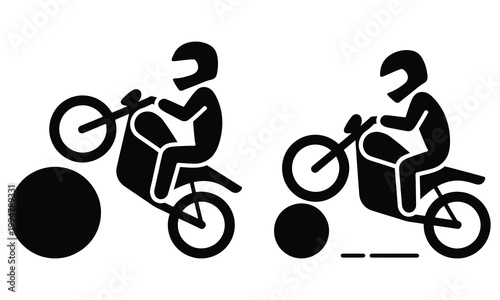 Two motorcyclists performing wheelie stunts on different terrains