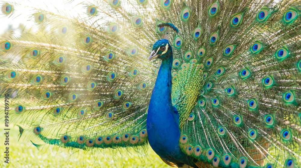 Obraz premium Majestic Male Peacock Displays Its Elaborate Train of Iridescent Feathers in Sunlit Garden Setting