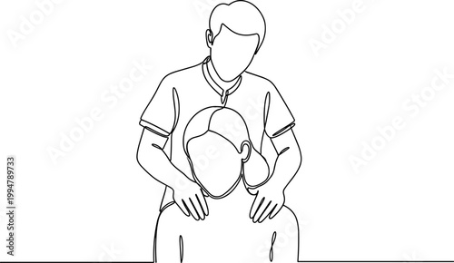 Therapist performing shoulder massage on patient, rehabilitation and wellness concept, line drawing