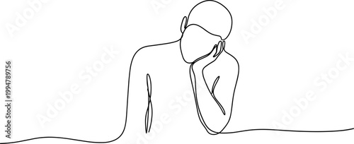 Continuous Line Drawing of a Person Resting Head on Hand, Minimalist Style