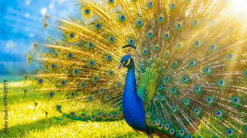 Majestic blue peacock displays its fanned tail feathers, shimmering with golden light and eye-spots against bright blue sky and green grass, symbolizing beauty and nature's splendor.