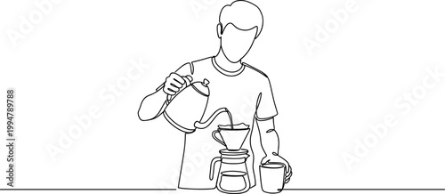 Man making pour over coffee with kettle and filter, continuous line art
